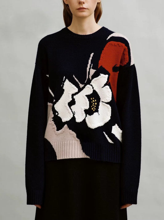 Jacquard Floral-Embroidered Cashmere Sweater - Sweaters & Knitwear