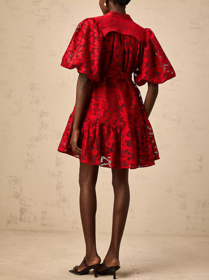 Jacquard Floral Red Puff-Sleeve Mini Dress - Dresses