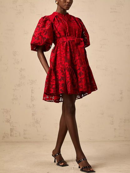 Jacquard Floral Red Puff-Sleeve Mini Dress - Dresses