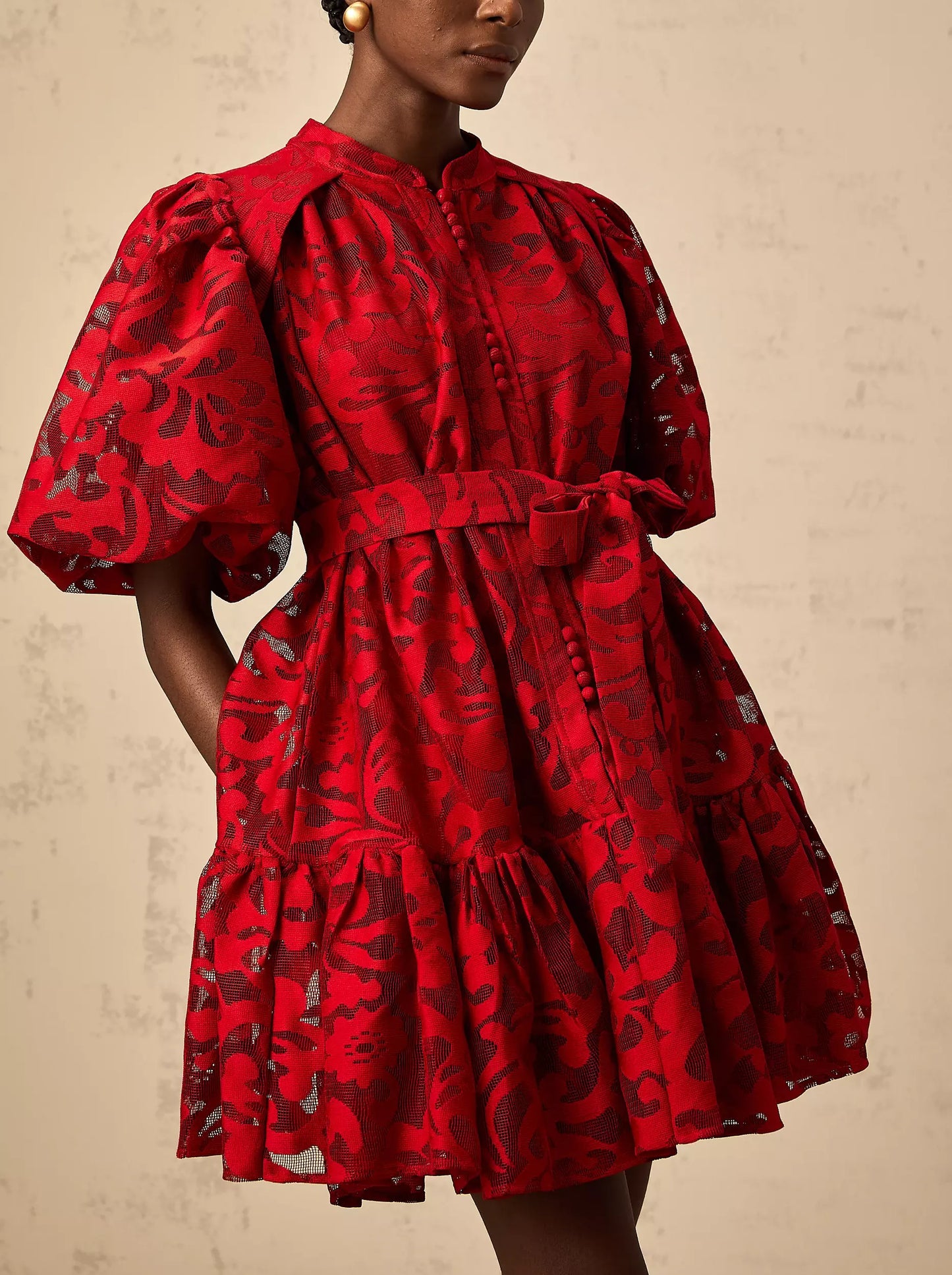 Jacquard Floral Red Puff-Sleeve Mini Dress - Dresses