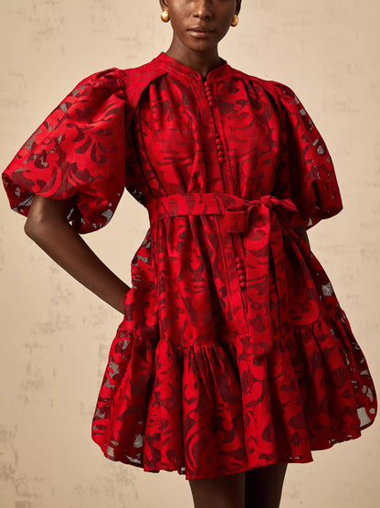 Jacquard Floral Red Puff-Sleeve Mini Dress - Dresses