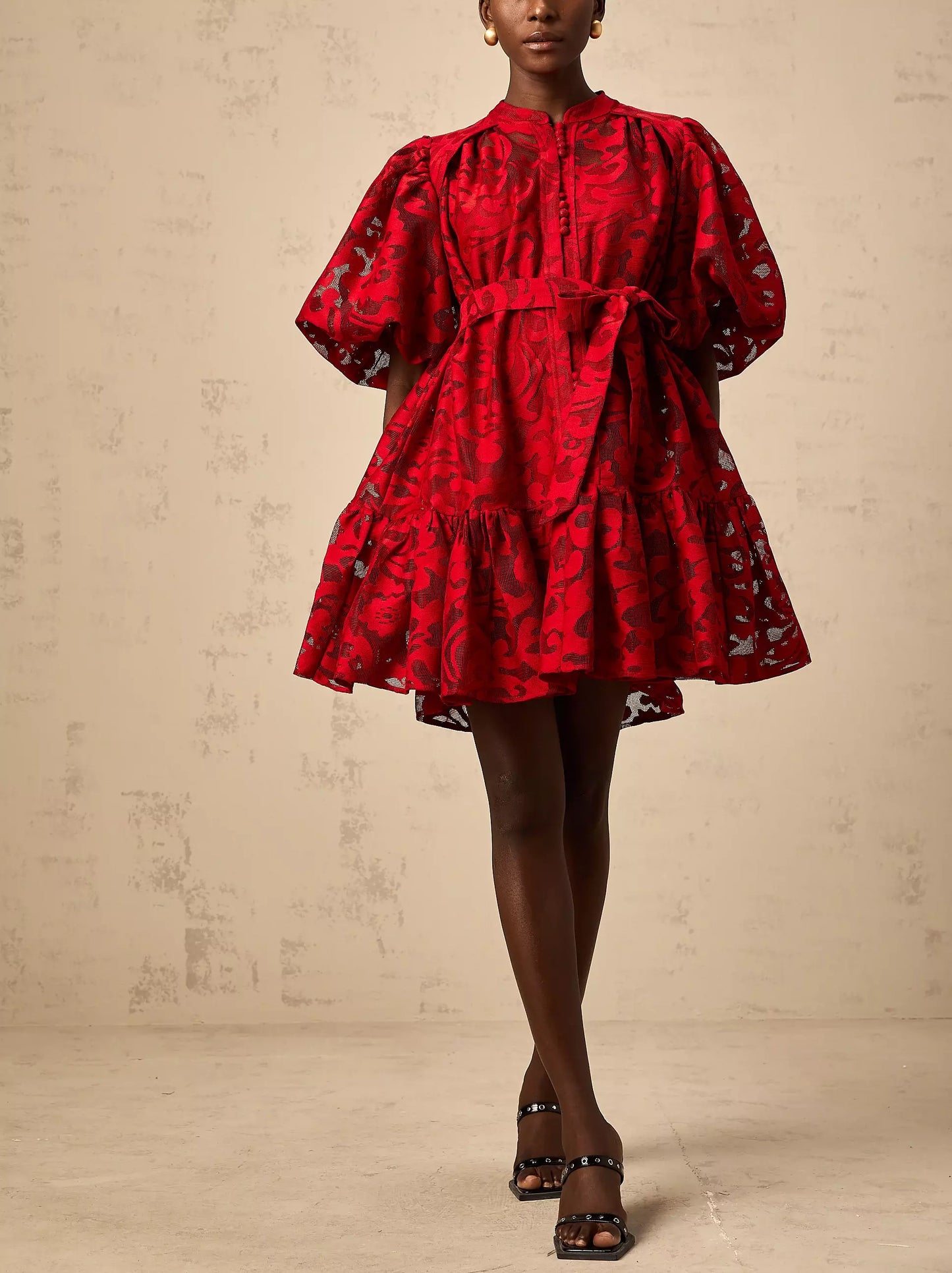 Jacquard Floral Red Puff-Sleeve Mini Dress - Dresses