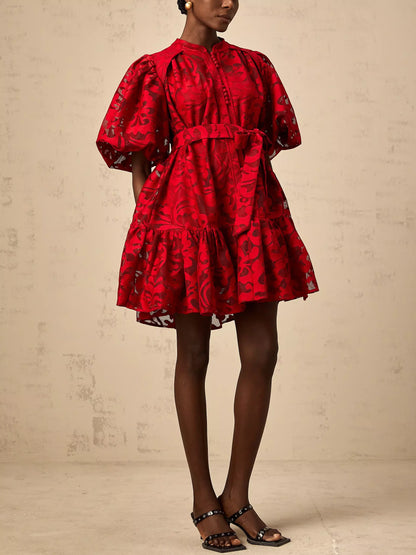 Jacquard Floral Red Puff-Sleeve Mini Dress - Dresses