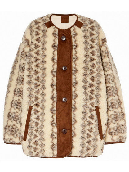 Jacquard Graphic Pattern Long Fleece Teddy Jacket - Jackets