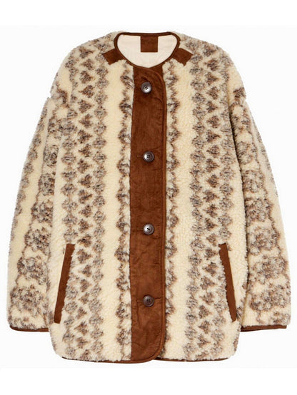 Jacquard Graphic Pattern Long Fleece Teddy Jacket - Jackets