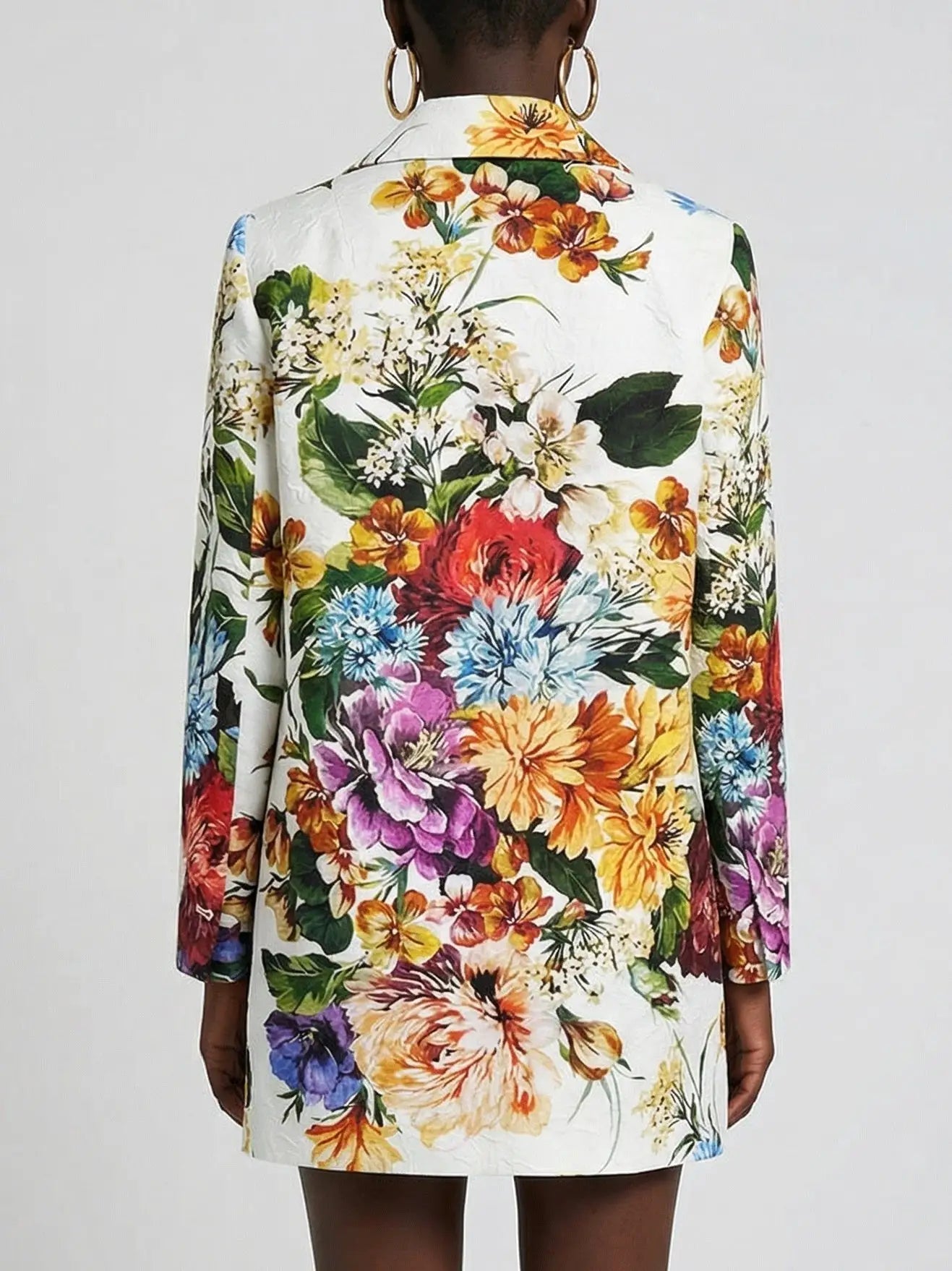 Jacquard White Coat with Multicolored Floral Print - Coats
