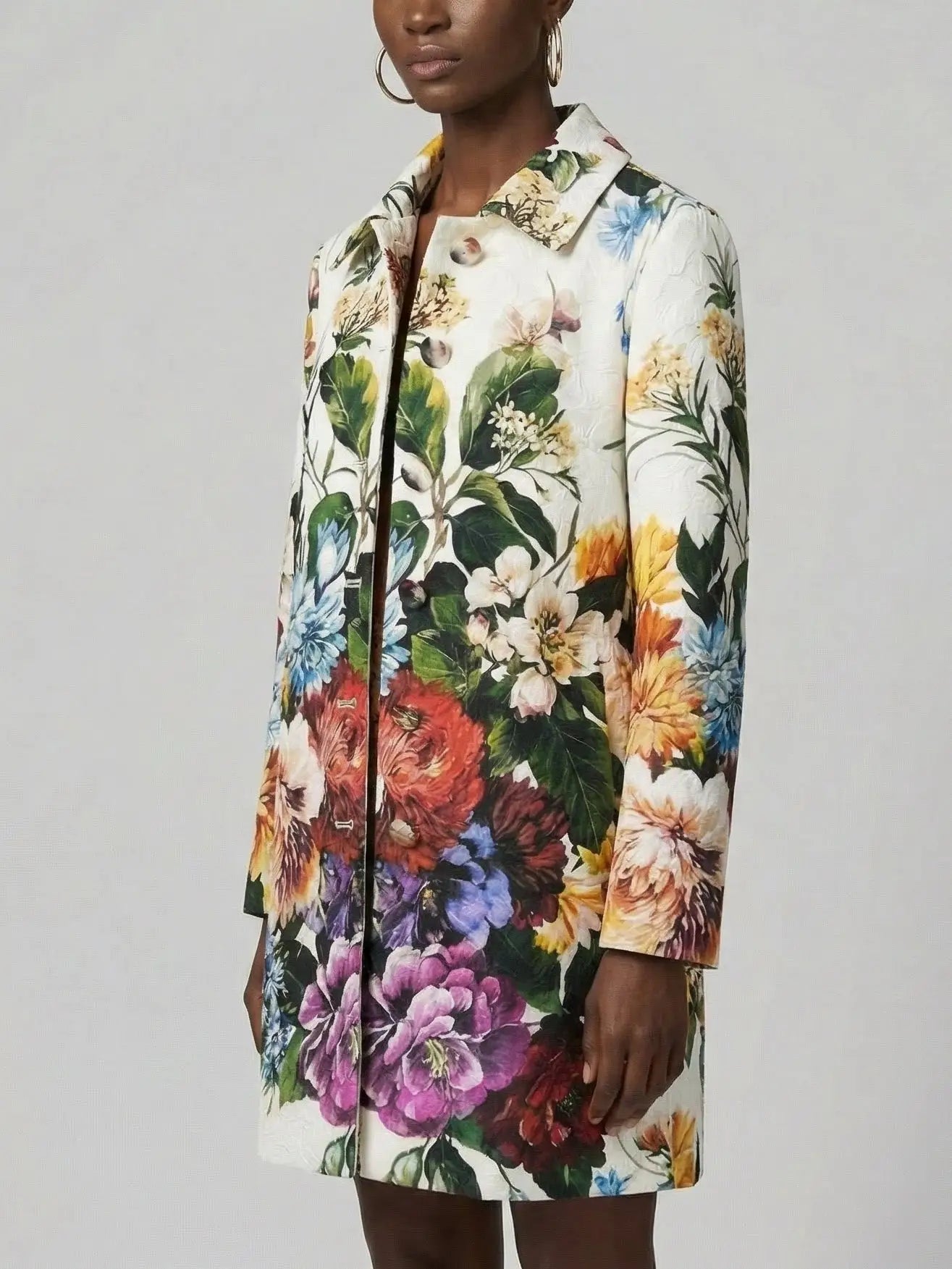 Jacquard White Coat with Multicolored Floral Print - Coats
