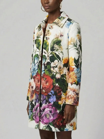 Jacquard White Coat with Multicolored Floral Print - Coats