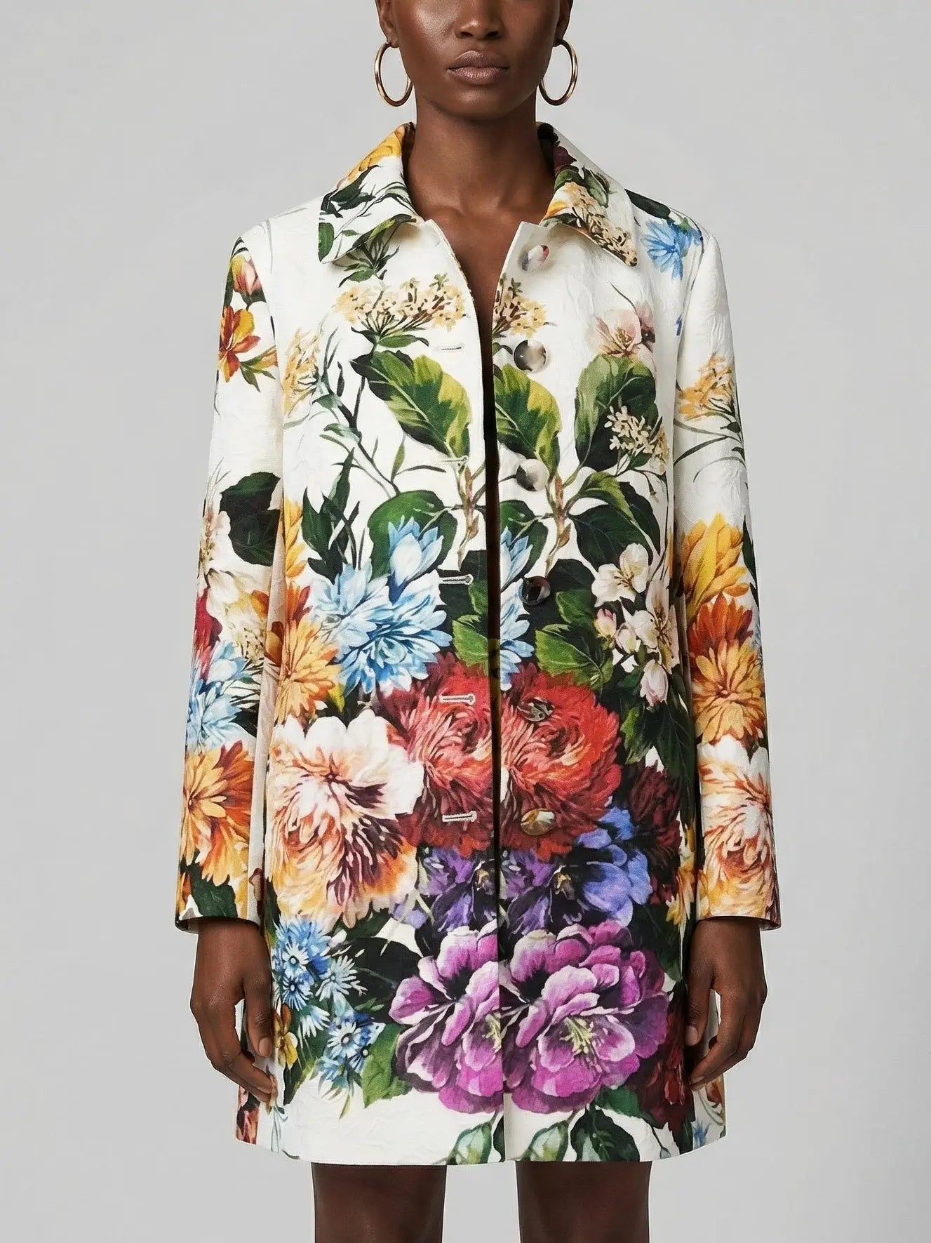 Jacquard White Coat with Multicolored Floral Print - Coats
