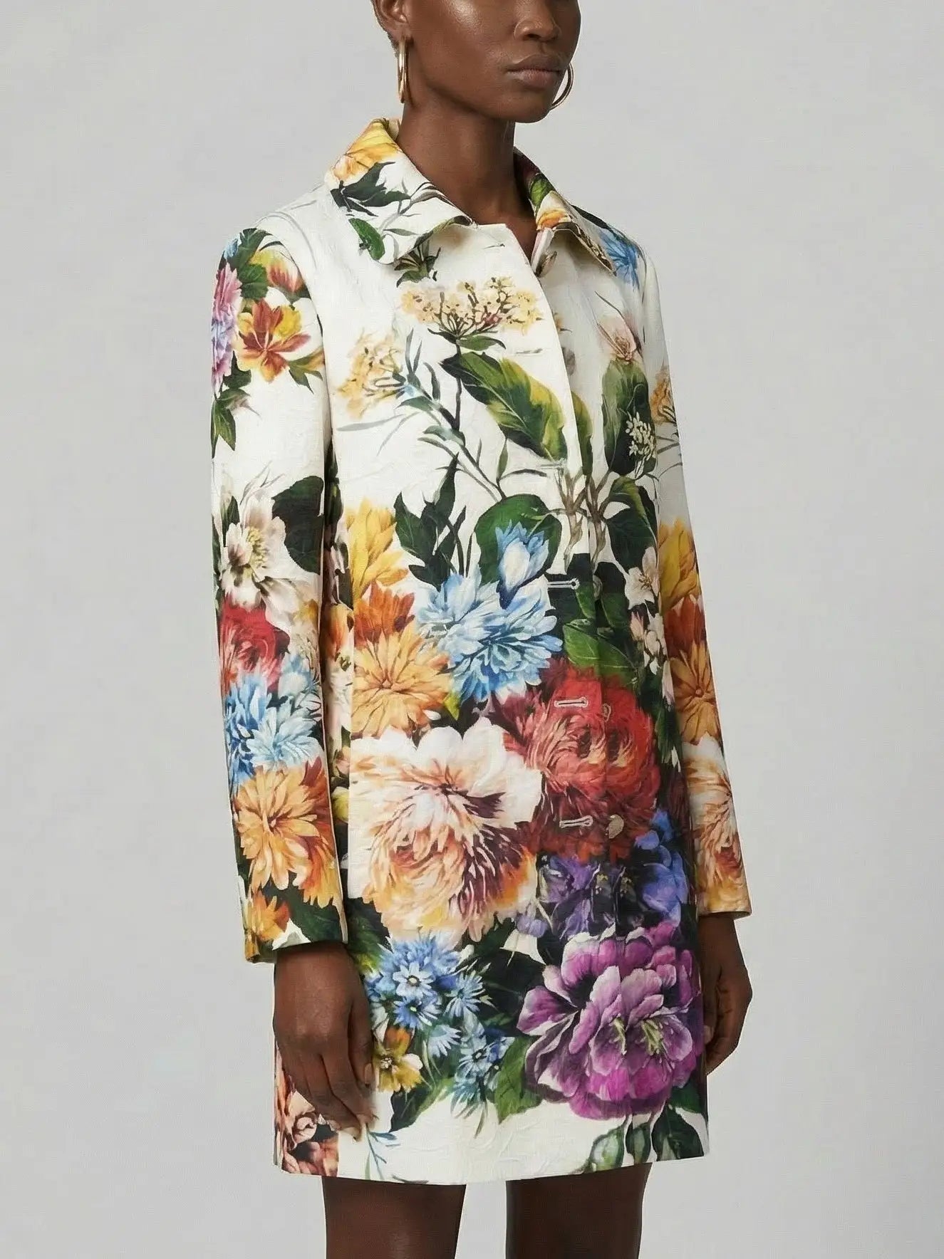 Jacquard White Coat with Multicolored Floral Print - Coats