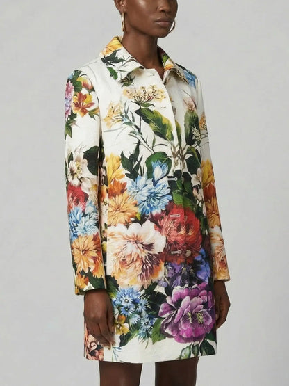 Jacquard White Coat with Multicolored Floral Print - Coats