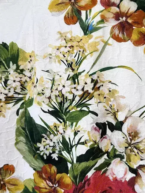 Jacquard White Coat with Multicolored Floral Print - Coats