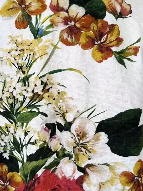 Jacquard White Coat with Multicolored Floral Print - Coats