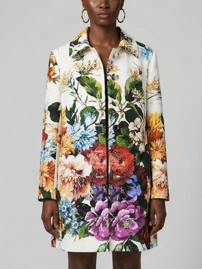 Jacquard White Coat with Multicolored Floral Print - S - Coats