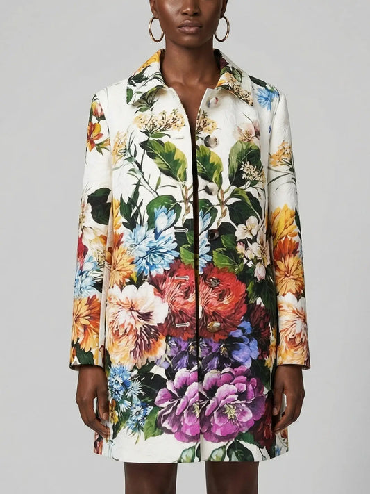 Jacquard White Coat with Multicolored Floral Print - S - Coats