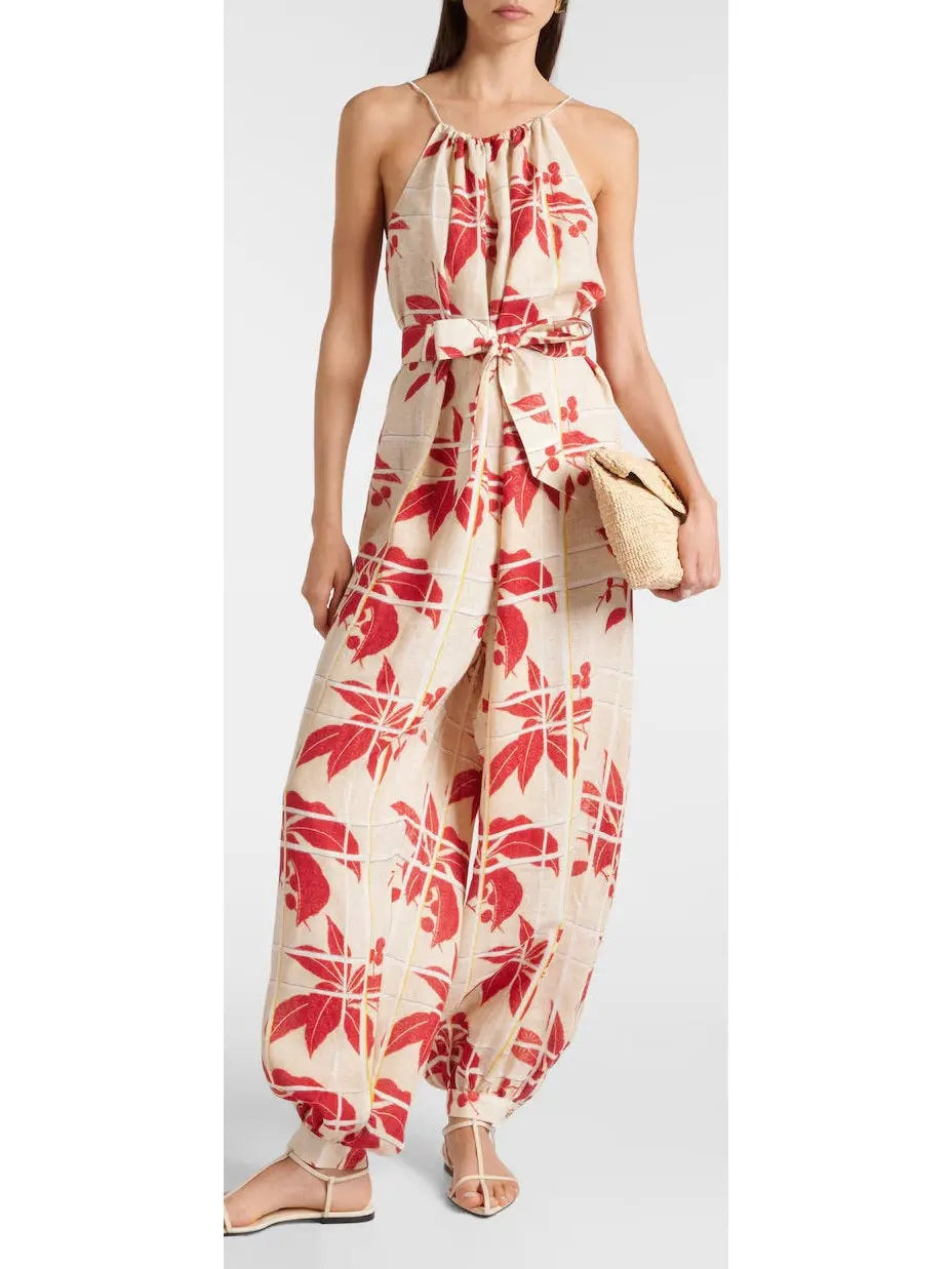 Japanese Hibiscus Printed Halter Jumpsuit - small - Suits & Sets