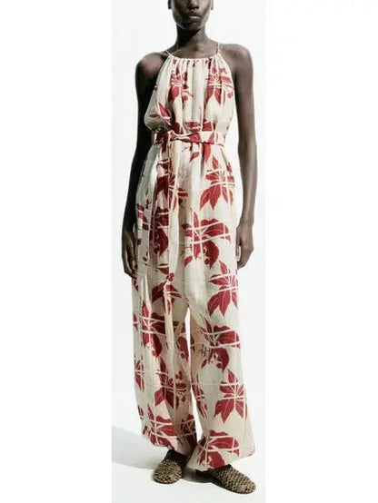 Japanese Hibiscus Printed Halter Jumpsuit - Suits & Sets