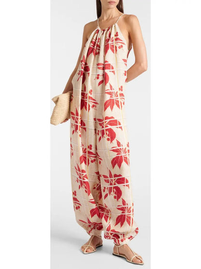 Japanese Hibiscus Printed Halter Jumpsuit - Suits & Sets