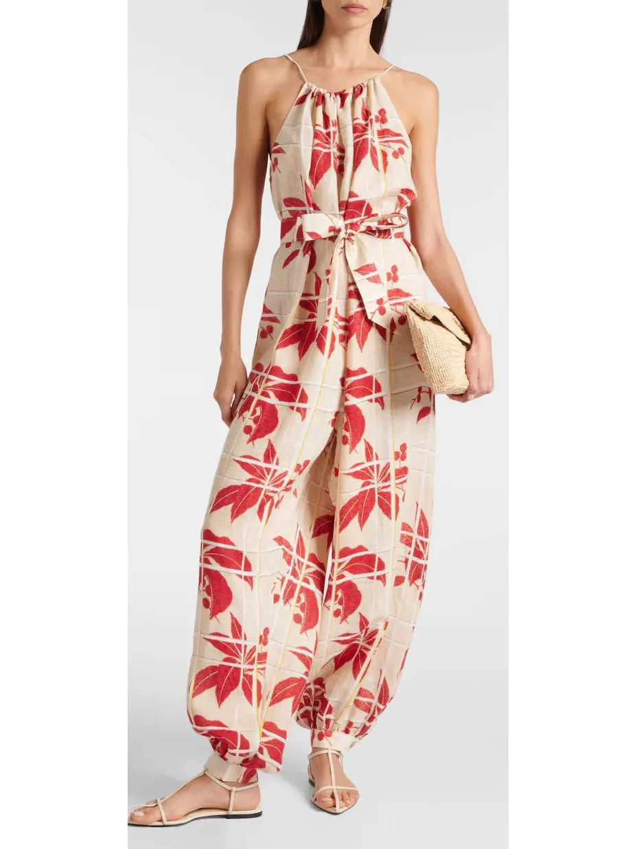 Japanese Hibiscus Printed Halter Jumpsuit - Suits & Sets