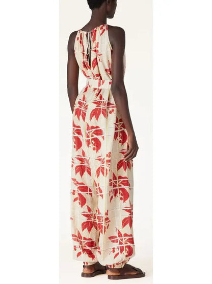 Japanese Hibiscus Printed Halter Jumpsuit - Suits & Sets