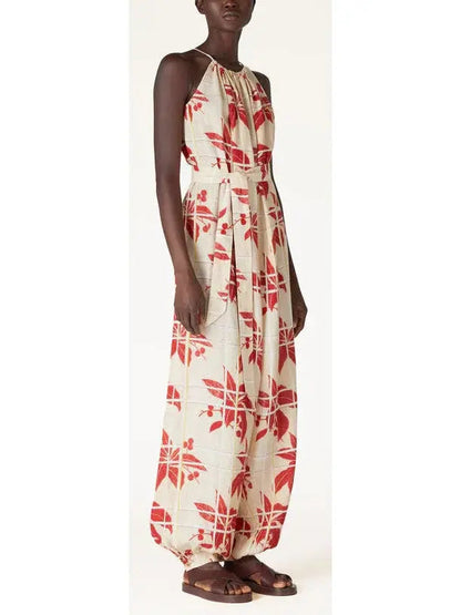 Japanese Hibiscus Printed Halter Jumpsuit - Suits & Sets