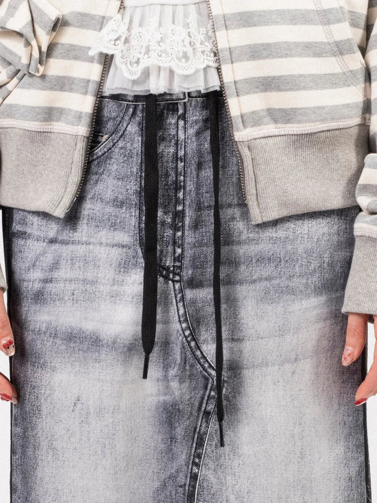 Jean-Effect Jersey Skirt with Tie-Waist - Skirts