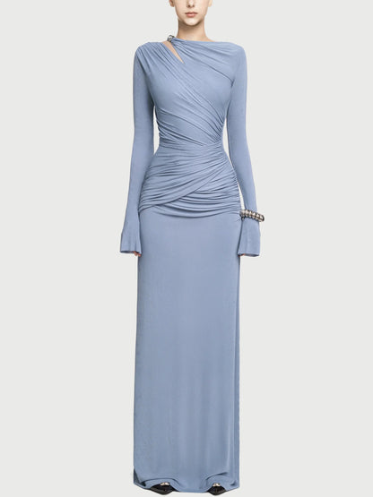 Jersey Asymmetrical Ruched Draped Maxi Dress - S / Blue - Dresses
