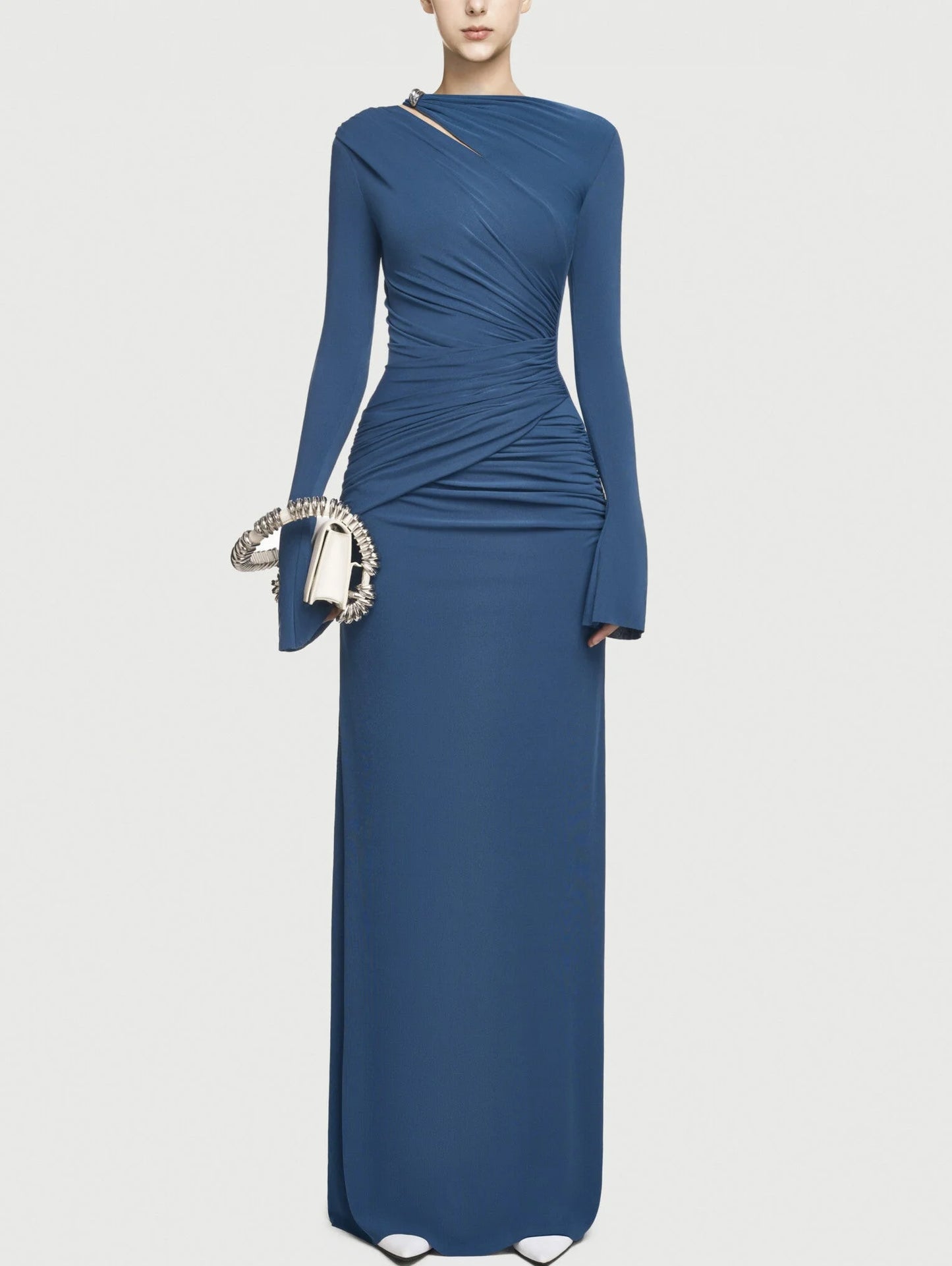 Jersey Asymmetrical Ruched Draped Maxi Dress - S / Deep Blue - Dresses