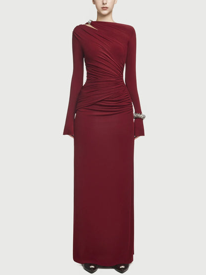 Jersey Asymmetrical Ruched Draped Maxi Dress - S / Red - Dresses
