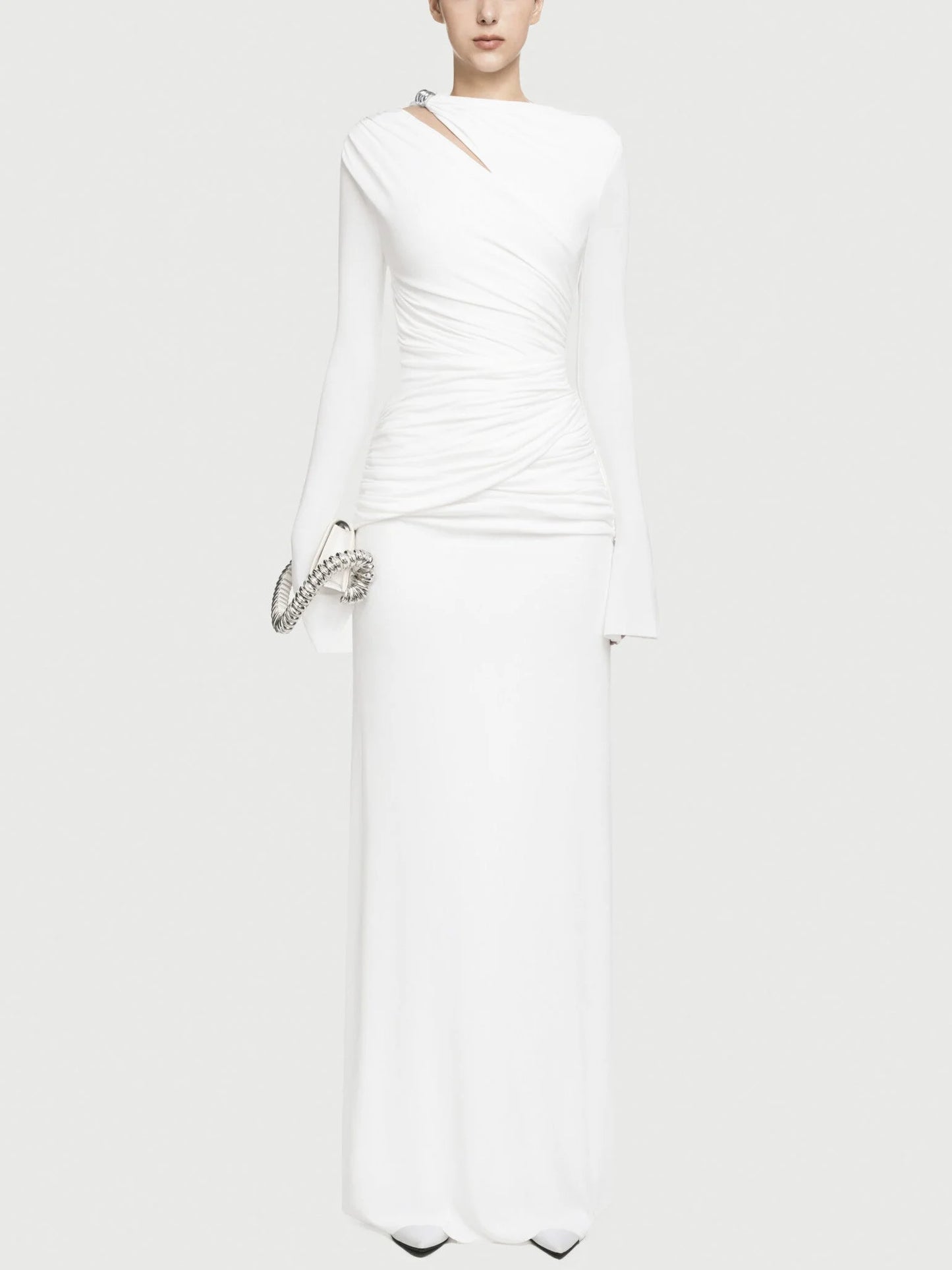 Jersey Asymmetrical Ruched Draped Maxi Dress - S / White - Dresses