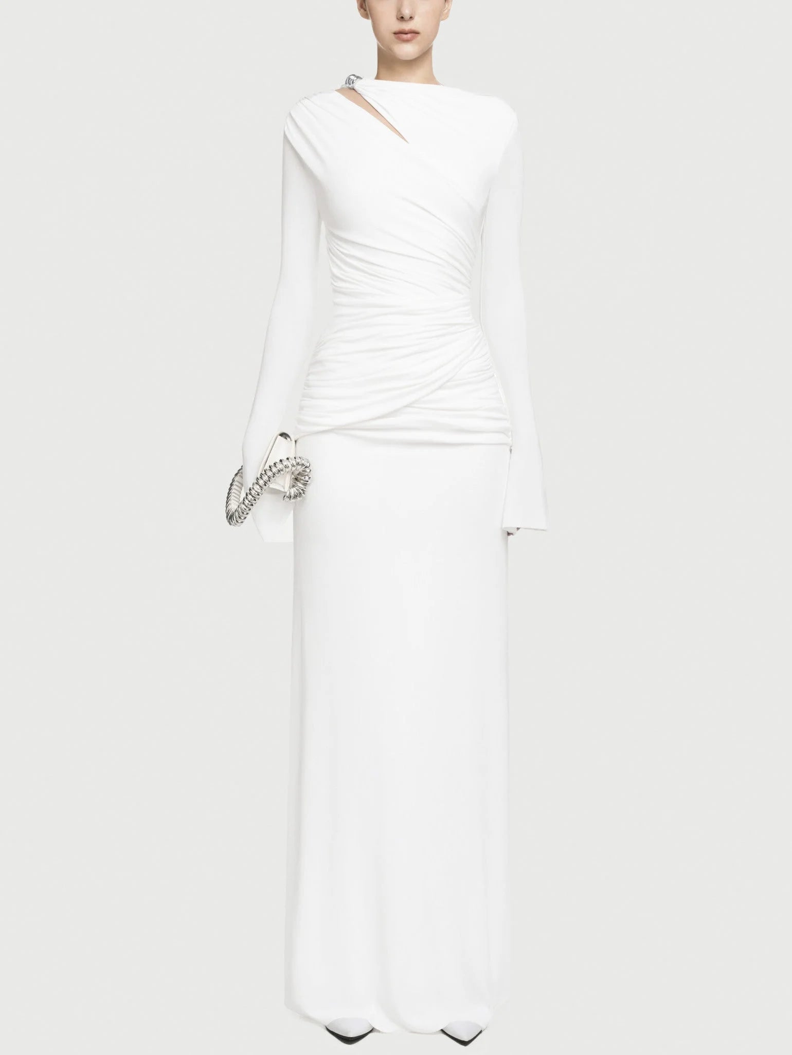 Jersey Asymmetrical Ruched Draped Maxi Dress - S / White - Dresses