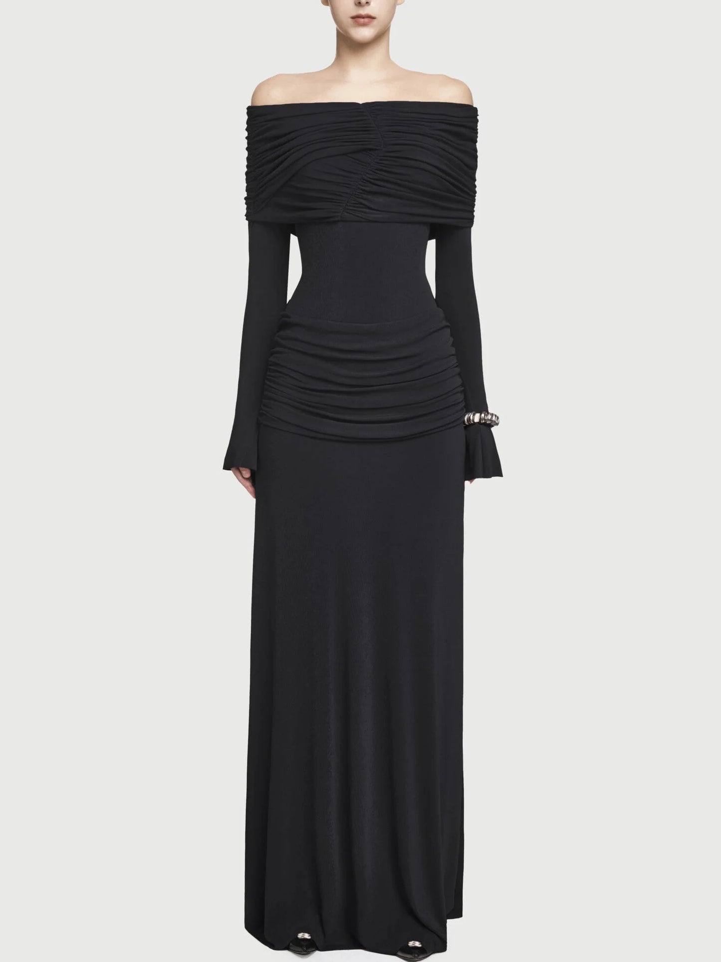 Jersey Off-Shoulder Draped Ruched Maxi Dress - S / Black - Dresses