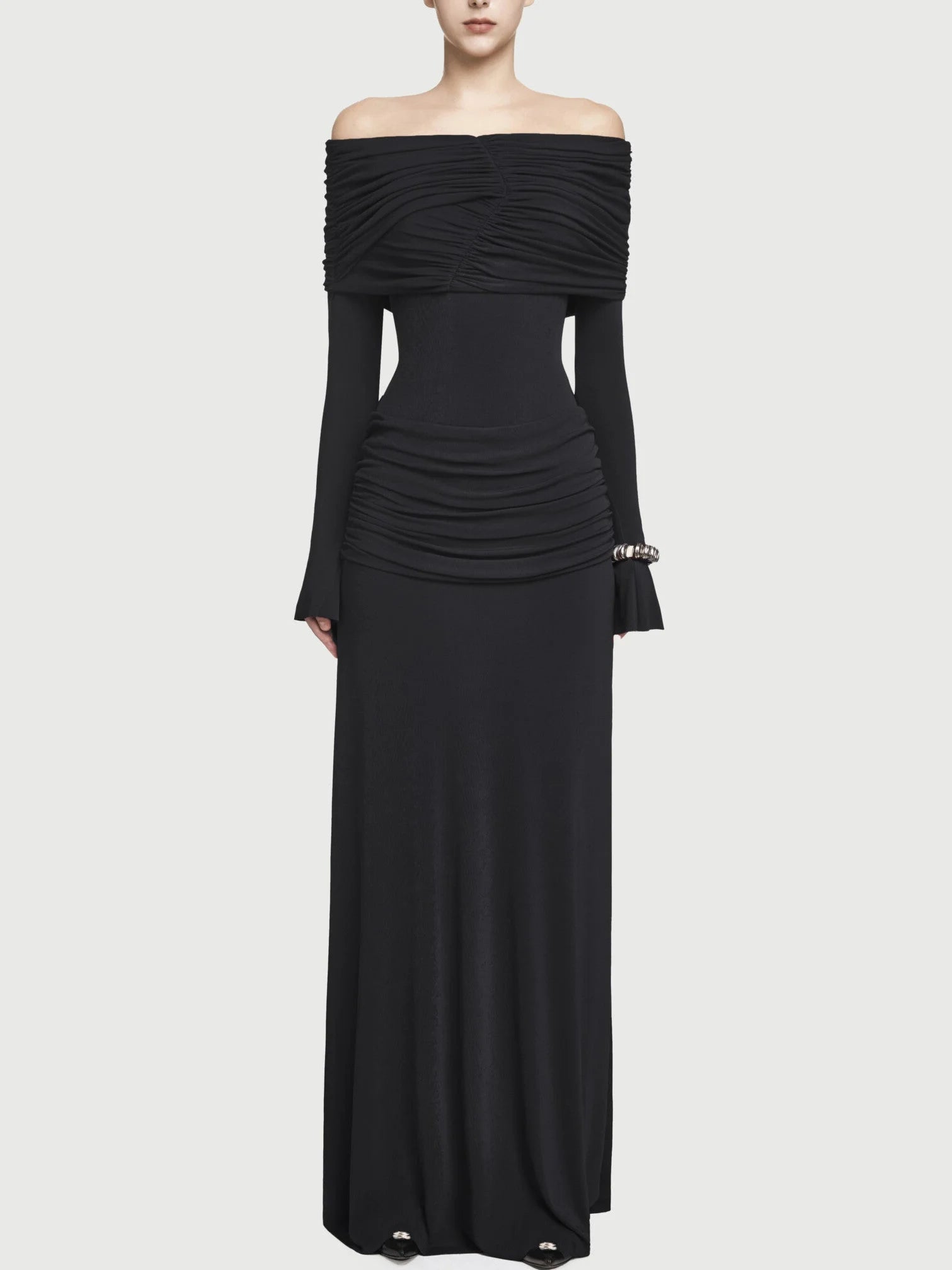 Jersey Off-Shoulder Draped Ruched Maxi Dress - S / Black - Dresses