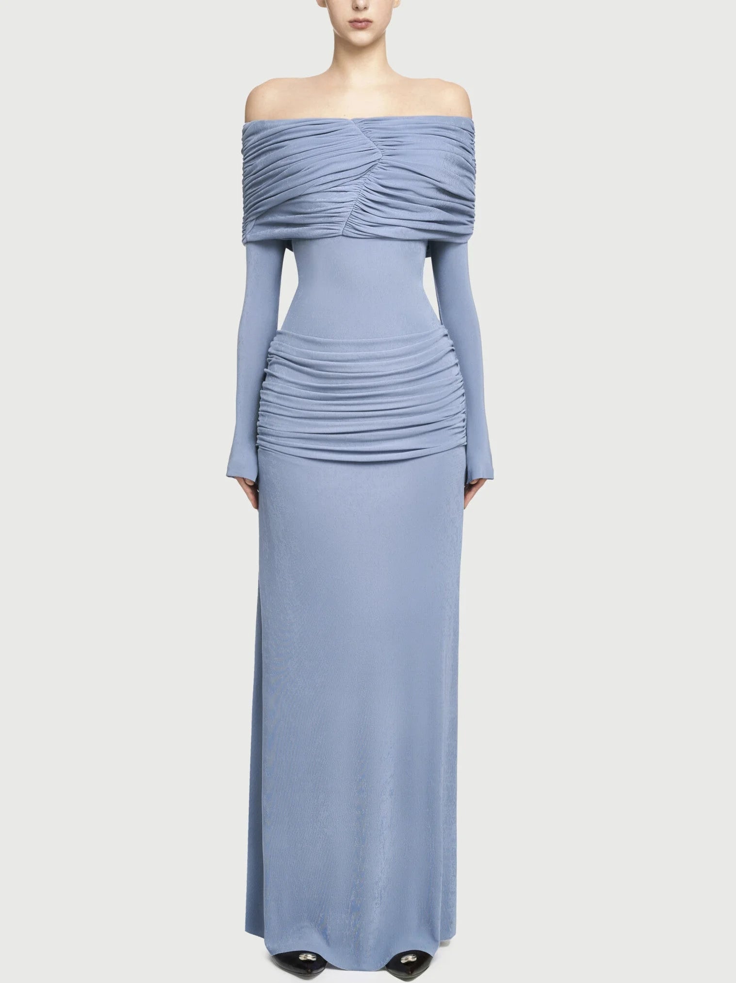Jersey Off-Shoulder Draped Ruched Maxi Dress - S / Light Blue - Dresses
