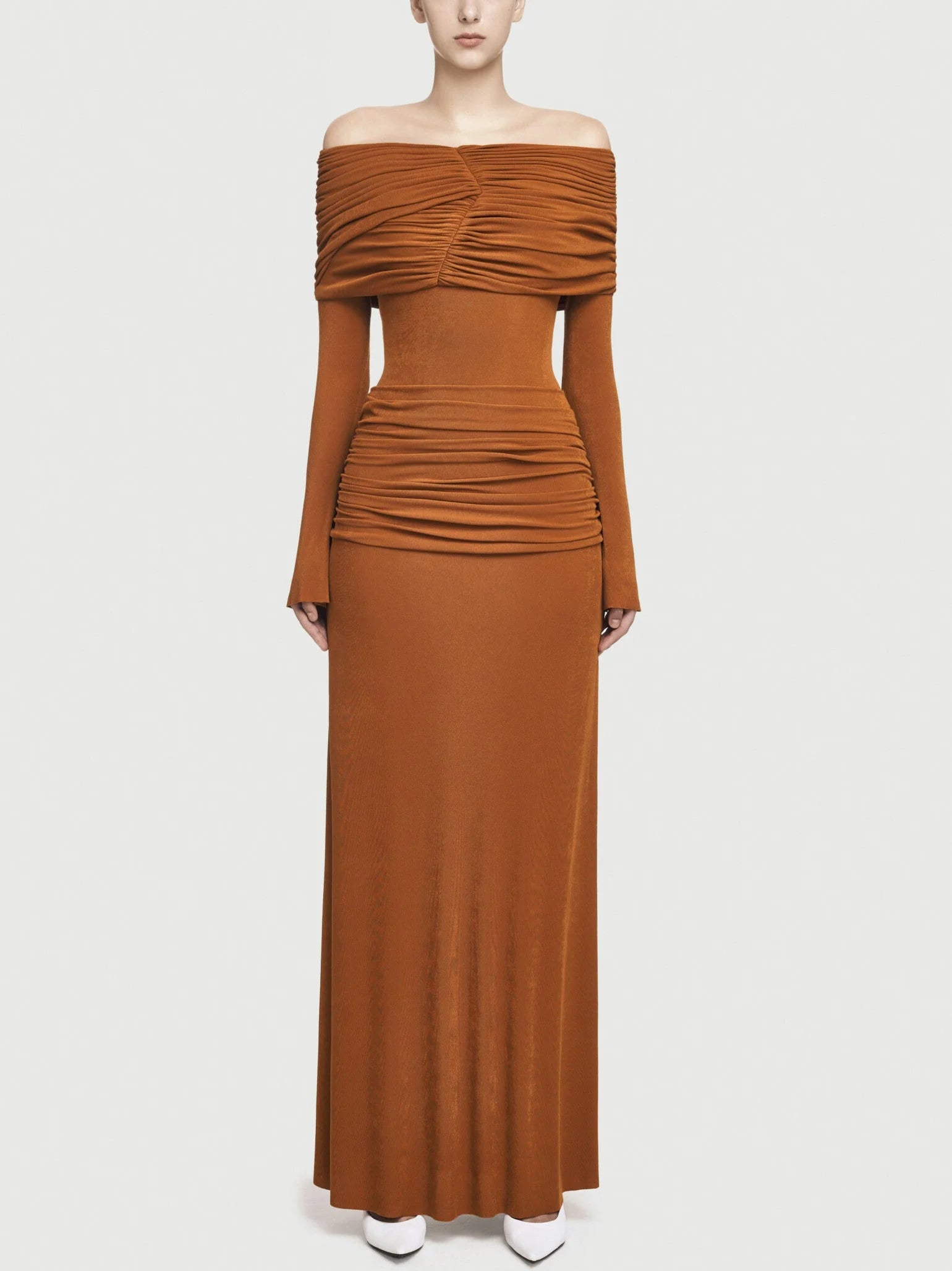 Jersey Off-Shoulder Draped Ruched Maxi Dress - S / Orange - Dresses