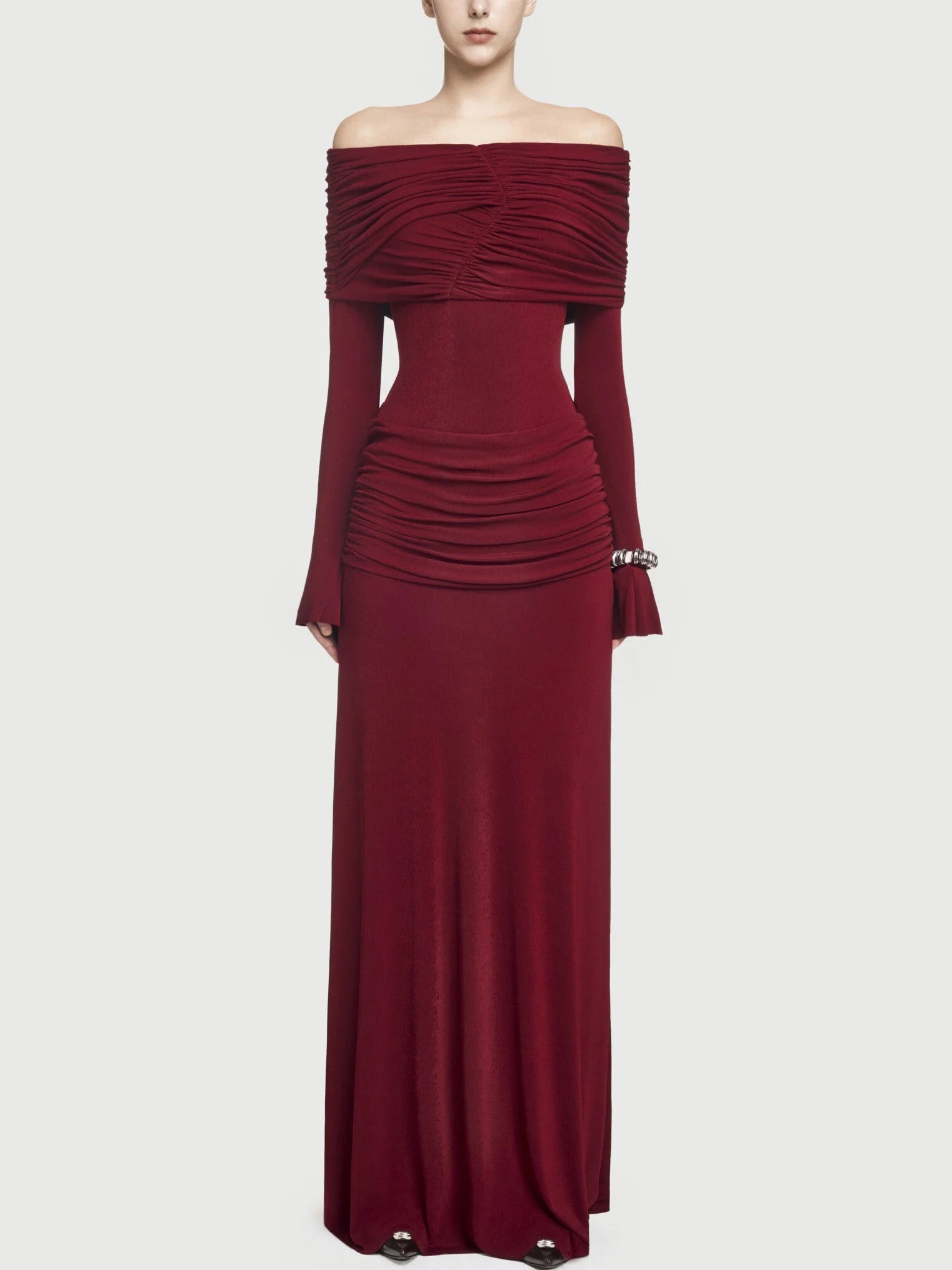 Jersey Off-Shoulder Draped Ruched Maxi Dress - S / Red - Dresses