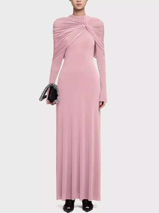 Jersey Ruched Long-Sleeve Maxi Dress - S / Pink - Dresses