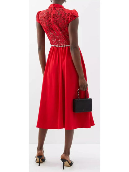 Jewel-Belted Lace and Crepe Midi Dress - Dresses