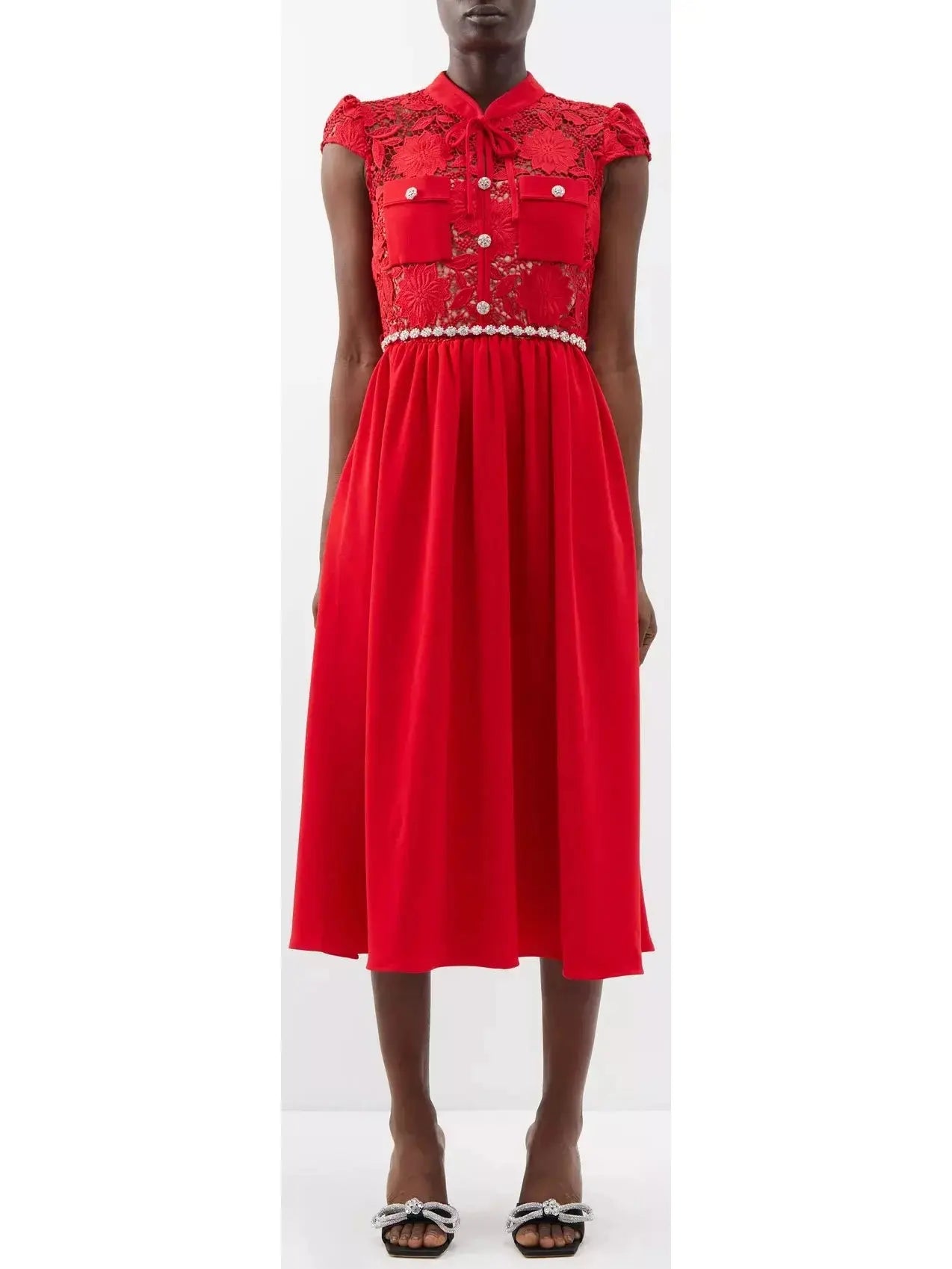 Jewel-Belted Lace and Crepe Midi Dress - small - Dresses