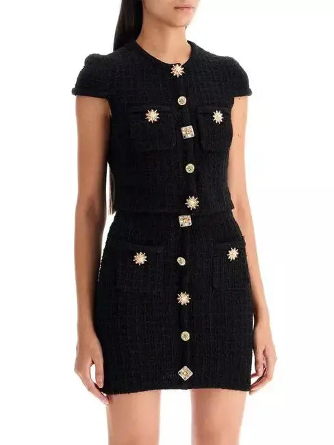 Jewel-Button Knit Crop Top and Mini Skirt Set in Black - Suits & Sets