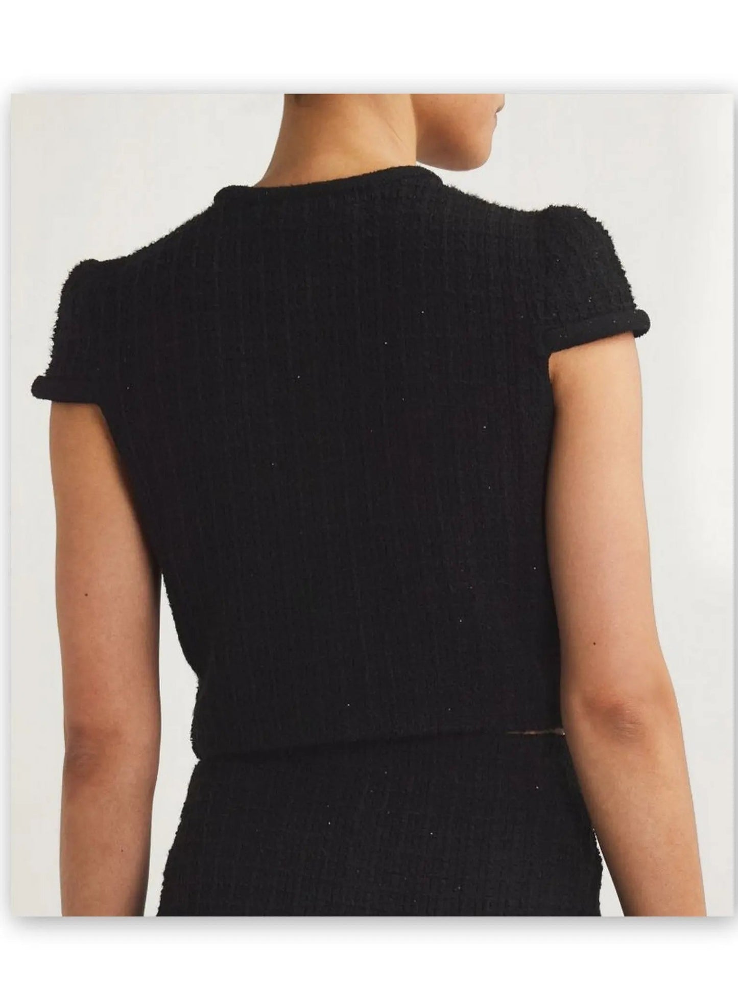 Jewel-Button Knit Crop Top and Mini Skirt Set in Black - Suits & Sets