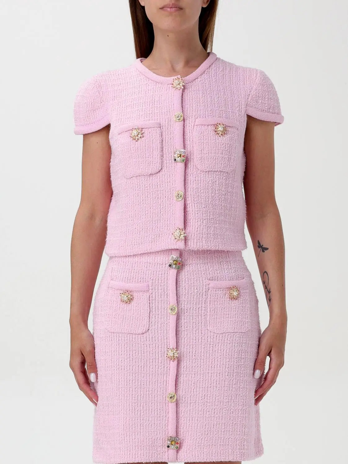 Jewel-Button Knit Crop Top and Mini Skirt Set in Pink - Suits & Sets