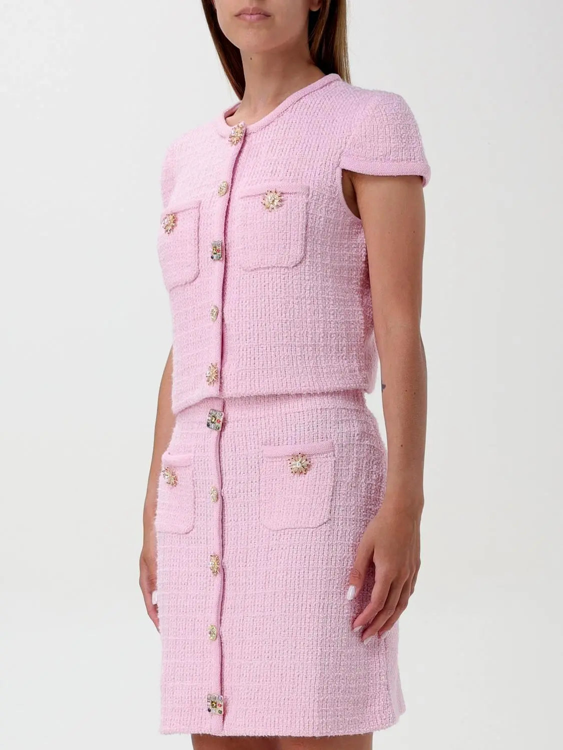 Jewel-Button Knit Crop Top and Mini Skirt Set in Pink - Suits & Sets