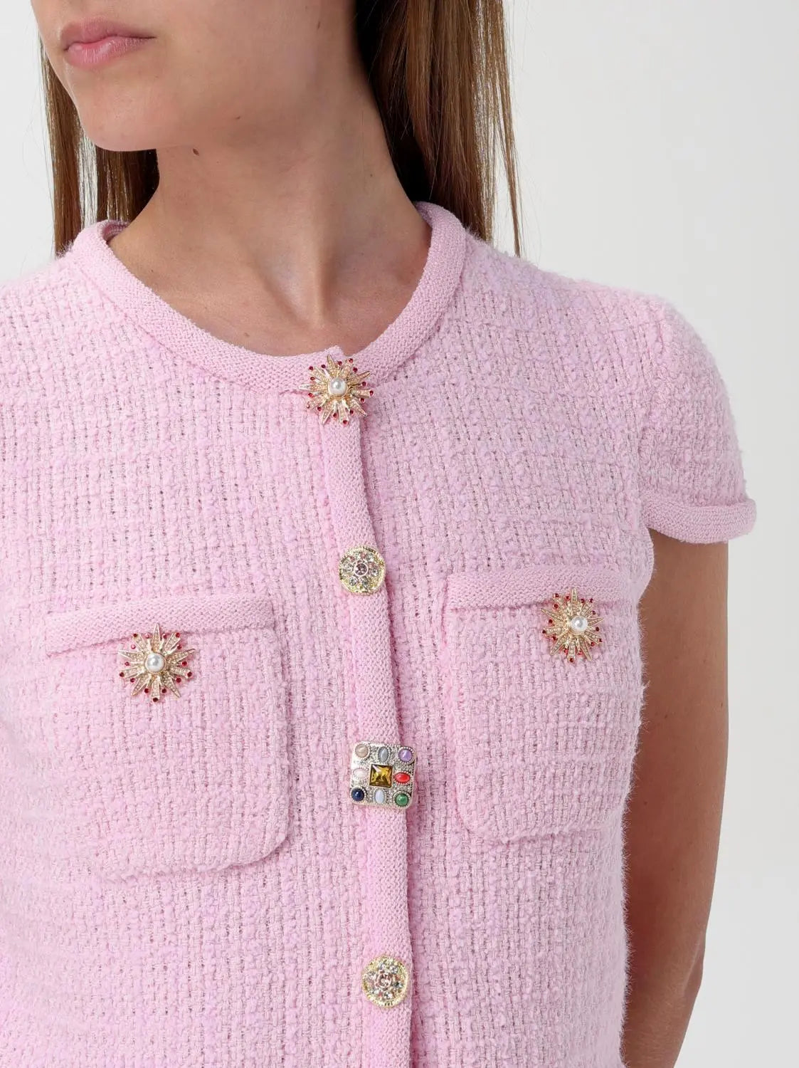 Jewel-Button Knit Crop Top and Mini Skirt Set in Pink - Suits & Sets