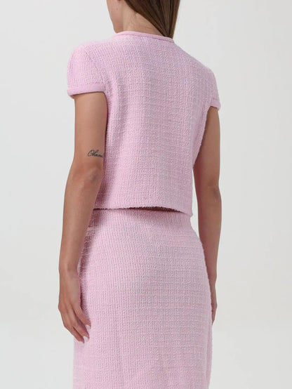 Jewel-Button Knit Crop Top and Mini Skirt Set in Pink - Suits & Sets