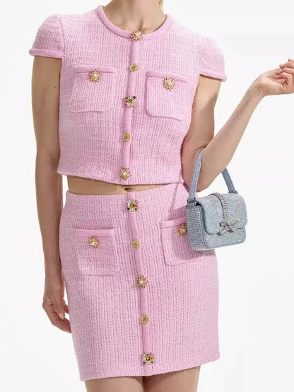 Jewel-Button Knit Crop Top and Mini Skirt Set in Pink - Suits & Sets