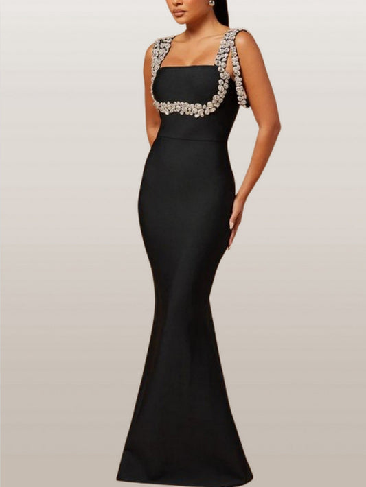 Jewel-Detail Long Black Sleeveless Stretch Gown - Dresses