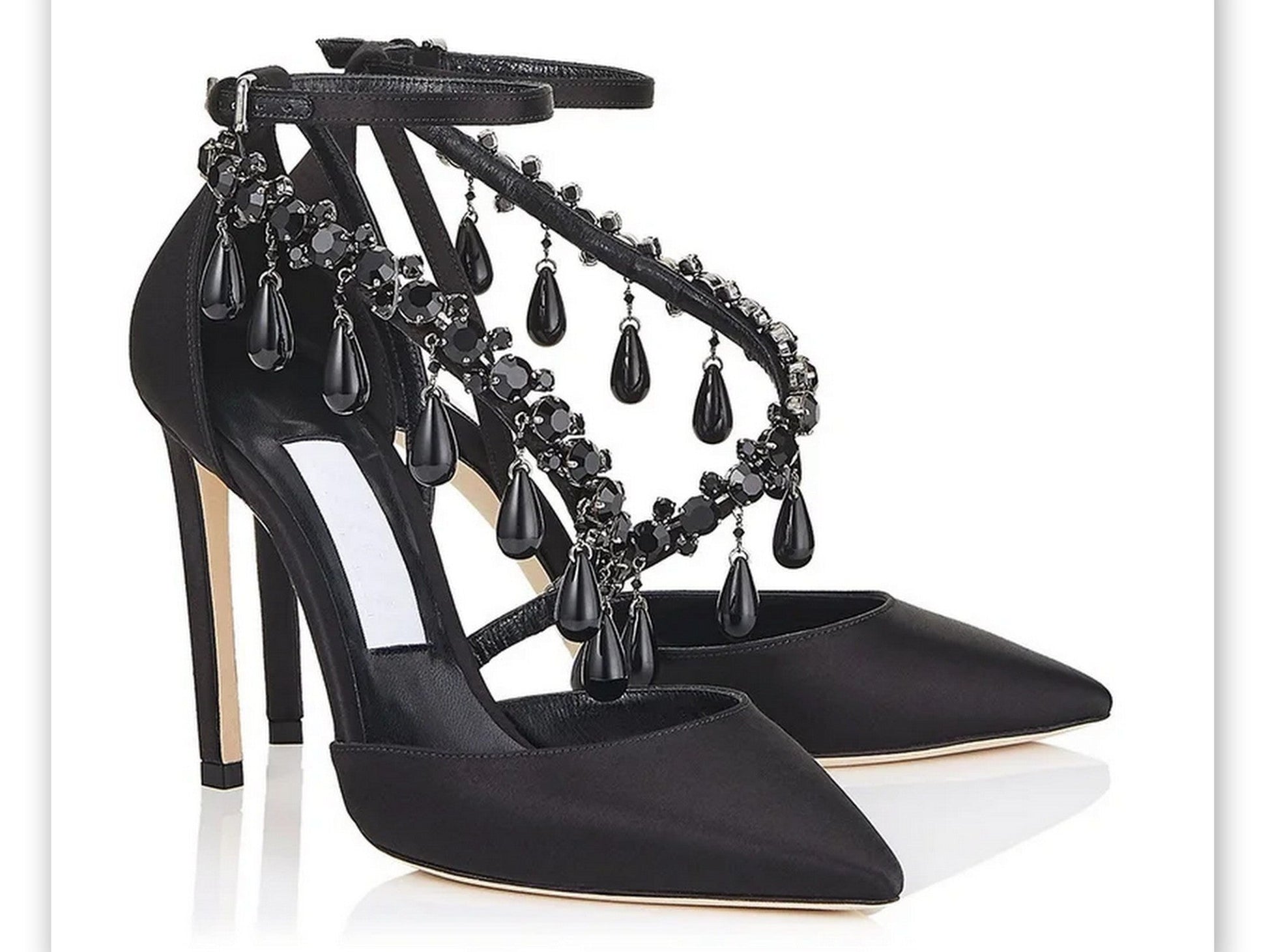 Jewel-Embellished Black High-Heel Satin Pumps - Footwear