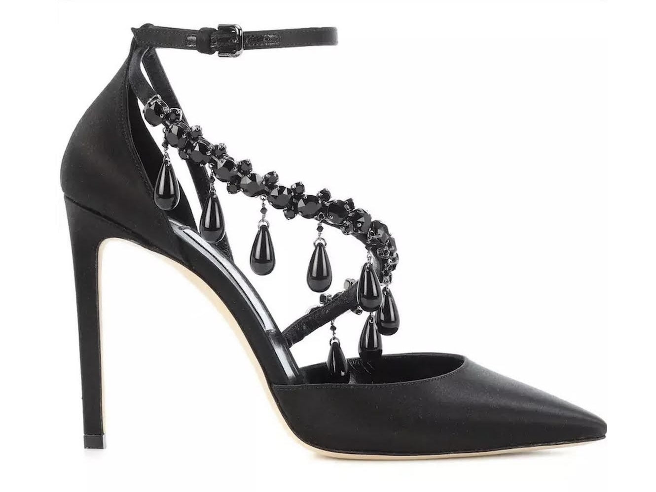 Jewel-Embellished Black High-Heel Satin Pumps - Footwear