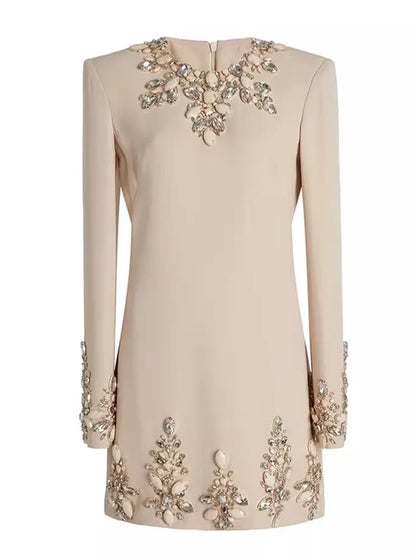 Jewel Embellished Cady Mini Dress in Beige - Dresses